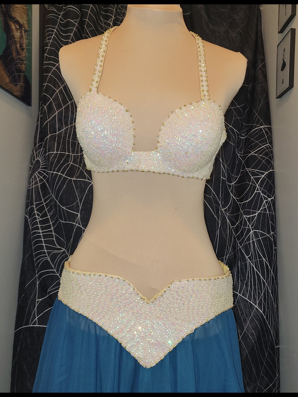 Vintage White Iridescent Sequin Bra & Hip Belt Set - Belly Dance